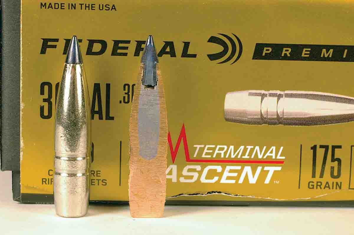 The .30-caliber 175-grain Terminal Ascent bullet is made with a solid shank topped with a lead core bonded to the jacket. The Slipstream tip is hollow and breaks away on impact.